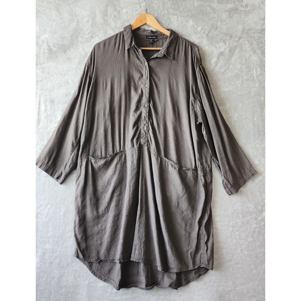 Eileen Fisher Linen Tunic Dress Womens Size Large Gray Button Front Pockets